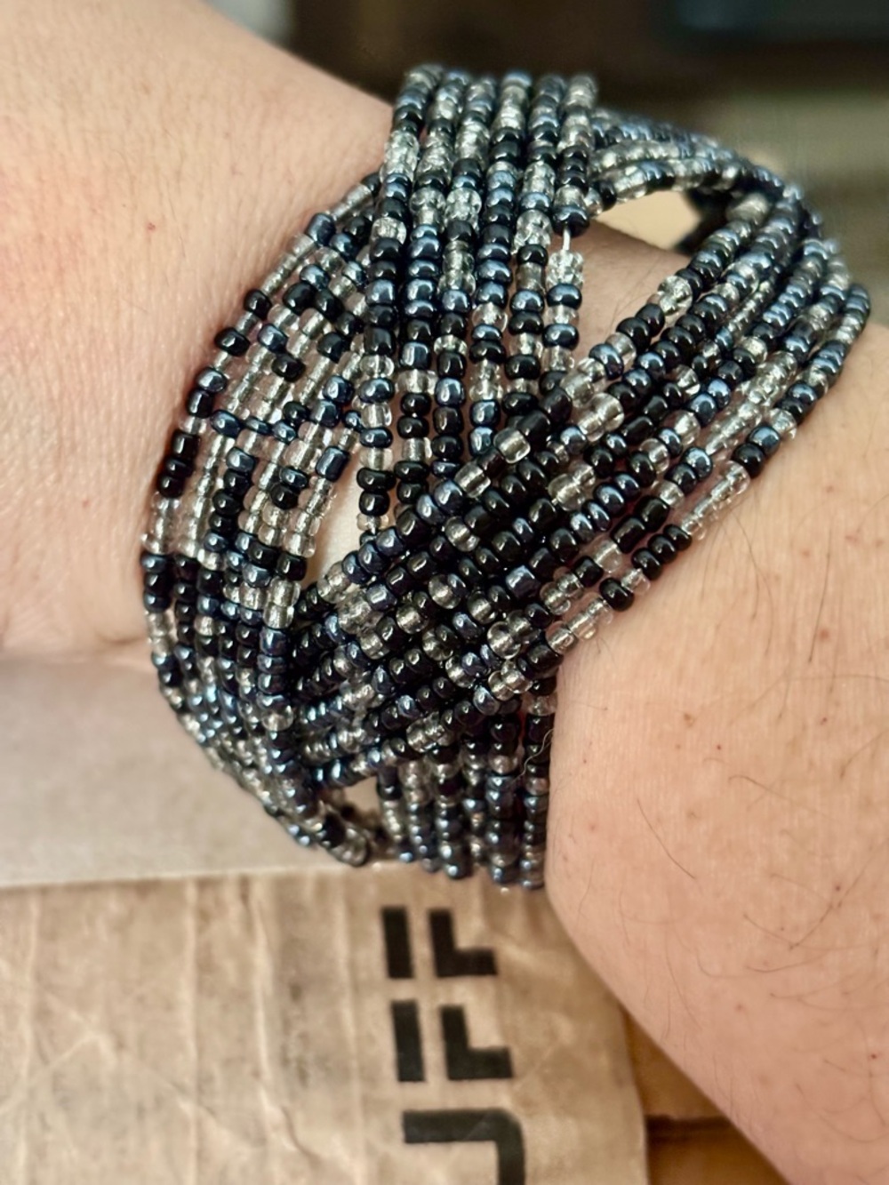 Vintage Handcrafted Multi-Strand Black and Silver Seed Bead Bracelet - Picture 2 of 3